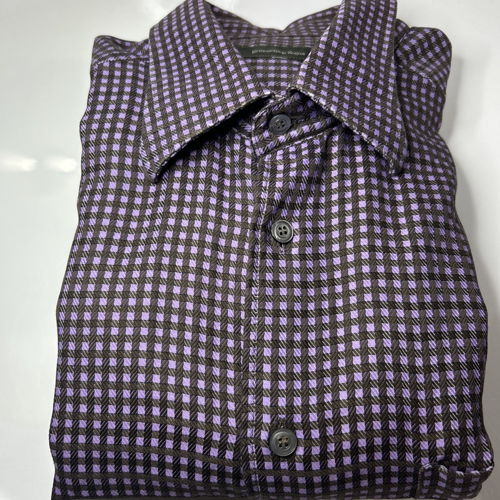Ermenegildo Zegna Men's L Long Sleeve Button Up Purple Brown Gingham - Picture 7 of 16